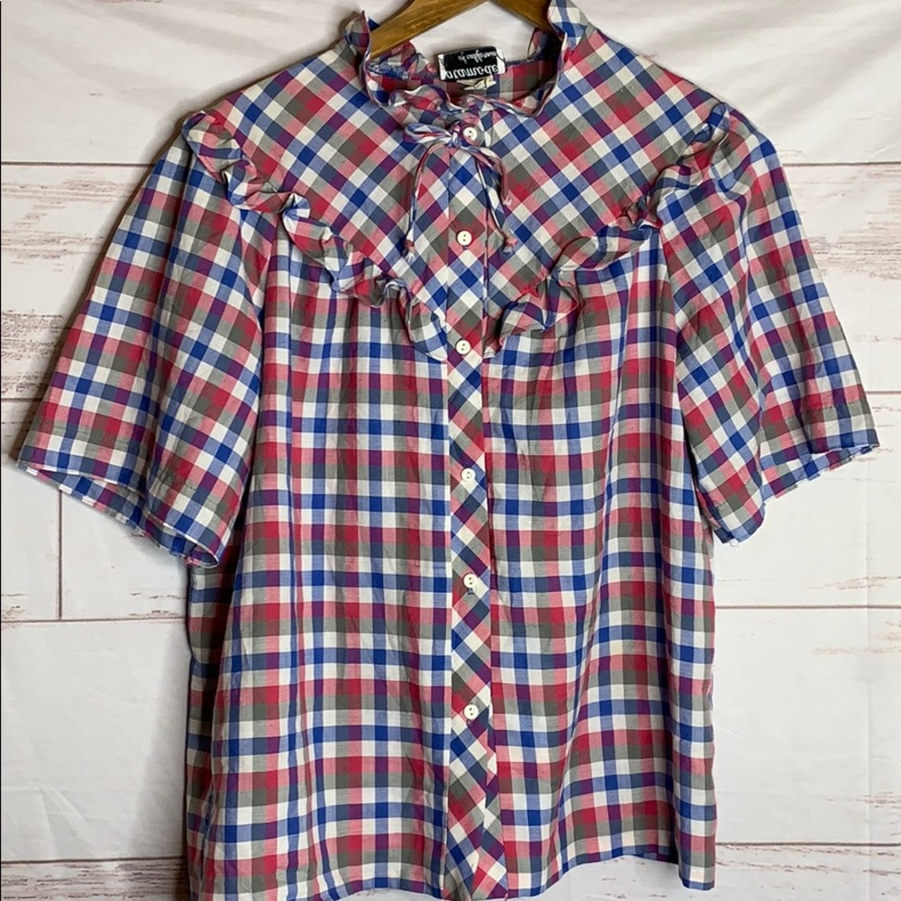 Vintage 70s coastal cowgirl ruffled check short sleeve western style blouse
